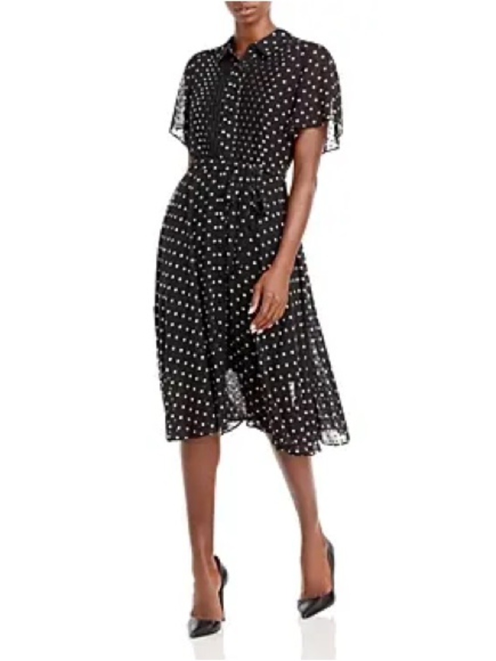 Nanette Lepore Polka Dot Flutter Sleeve Pintuck Midi Shirt Dress Chiffon Sheer